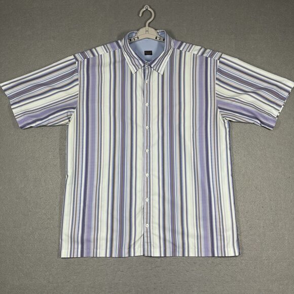 VTG Tiger Woods Shirt Mens XL Purple Blue Stripes Retro Short Sleeve Button Up - Picture 1 of 9